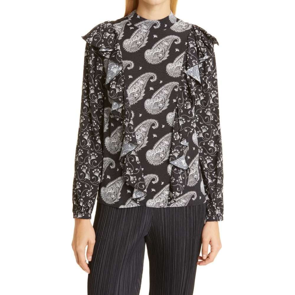 Ted Baker Tiasey Paisley Waterfall Frill Blouse Black White Size 3